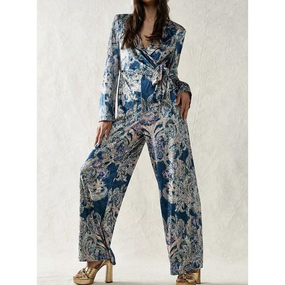 Free People Pants - NEW Free People Velvet Paisley Jumpsuit S Boho Luxe Wide Leg Wrap Tie Front